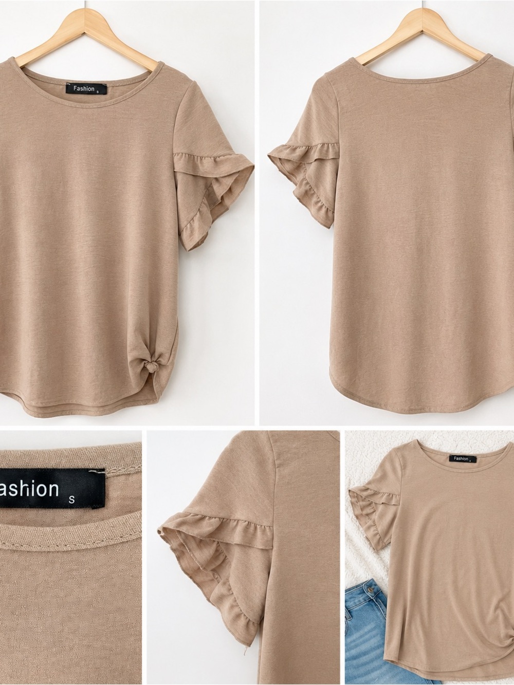 Brand Tan Ruffle Sleeve Knot Hem Women's Top